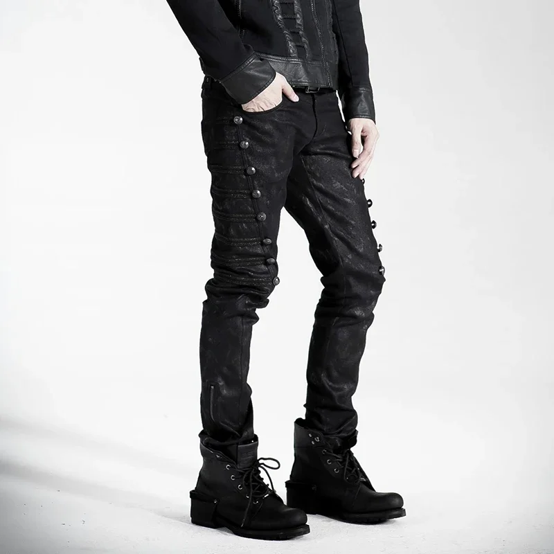 PUNK RAVE Men\'s Uniform Style Steampunk Street  Handsome Straight Elastic Pants Fashion Black Rivet Men Pencil Trousers