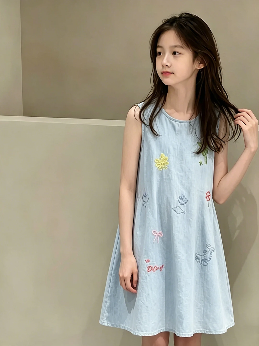 

Girls' Elegant Printed Summer Dress Casual Low Waist Midi Skirt Sleeveless Denim Dress Children's Fashionable Trendy Outfit