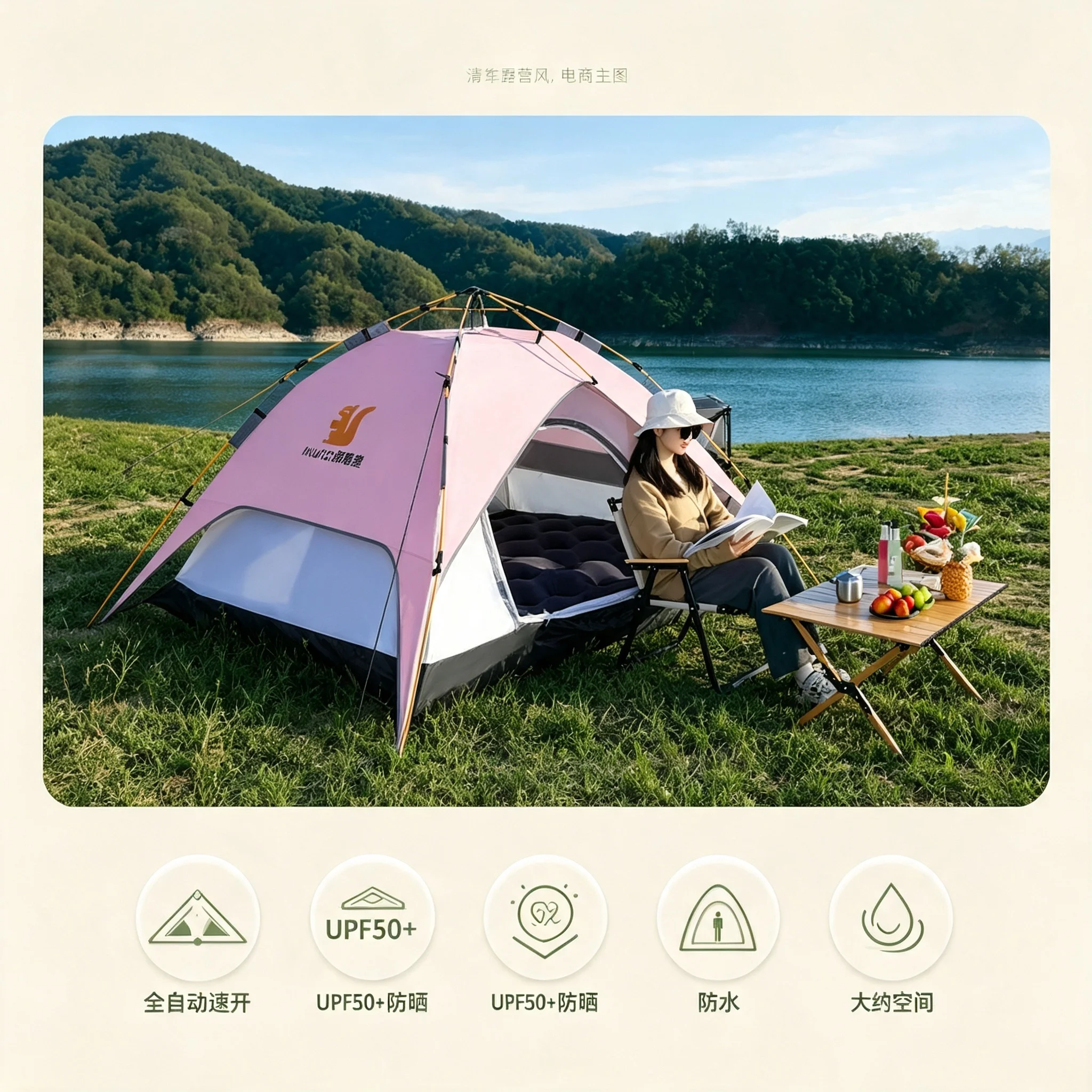 Double Layer Camping Tent 3-4 People Design Convertible Sun Canopy Waterproof Outdoor Picnic Tent Pink Fruit Green