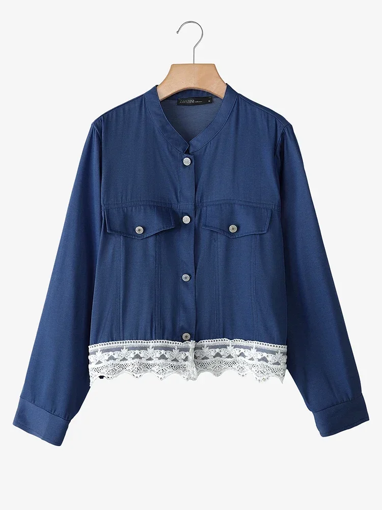 ZAZNEA Women Stylish Shirts Autumn Long Sleeve Tunic Tops Buttons Casual Blouse Lace Patchwork Loose Streetwear Blusas Cardigans