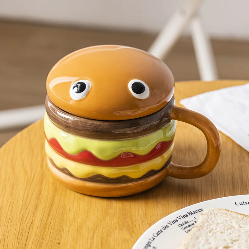 

Creative Cute Hand Painted Hamburger Porcelain Coffee Mug with Lid Handmade Cartoon Ceramic Cup for Kids Unique Birthday Gifts