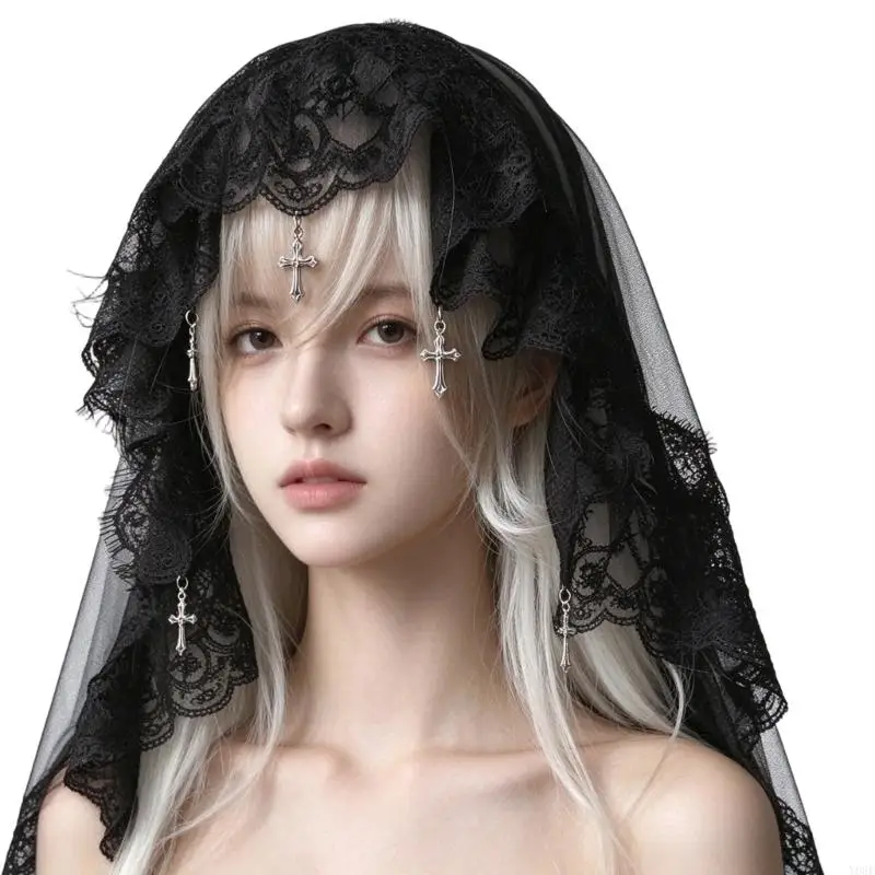 Gothic Fabric Headpiece with Flowing Panels for Halloween, Scalloped Flower Lace Edging and Hanging Charms for Cosplay Y08E