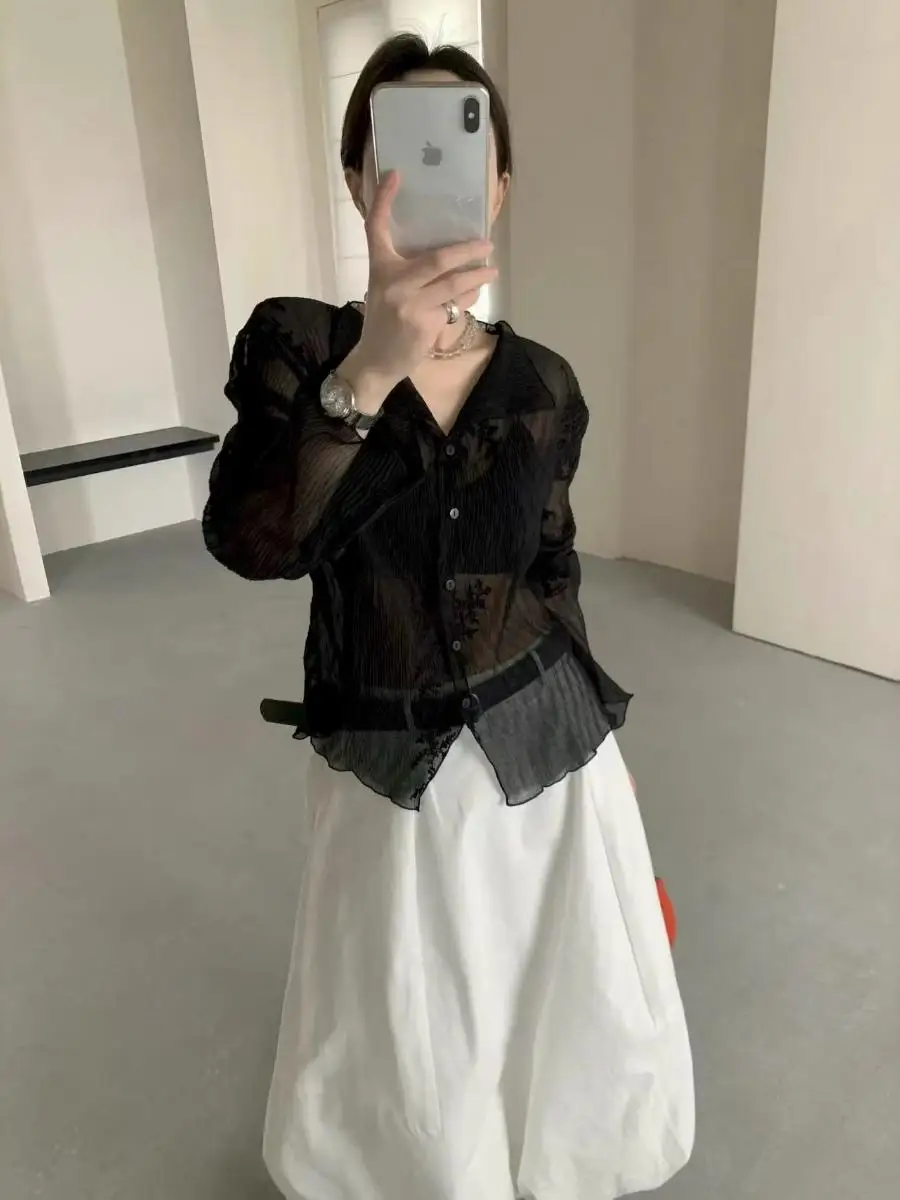 

Весна 2026: Женская кружевная блузка с длинным рукавом, тонкая, прозрачная, мягкая, с защитой от солнца, с цветочной вышивкой, дышащая, комфортная