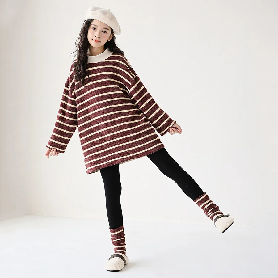 ملابس الفتيات لخريف وشتاء 2025 مخططة مخططة بأكمام طويلة تي شيرت دافئ فستان مراهق للأطفال فضفاض 4 6 7 8 9 10 11 12 سنة كوريا #4