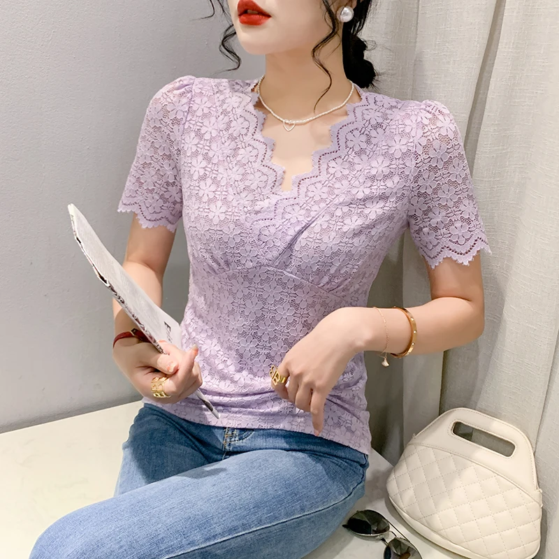 Black Summer Korean Style T-Shirt Chic Sexy V-Neck Lace Draped Women Tops Short Sleeve Slim Bottoming Shirt Tees 2024 New 442810