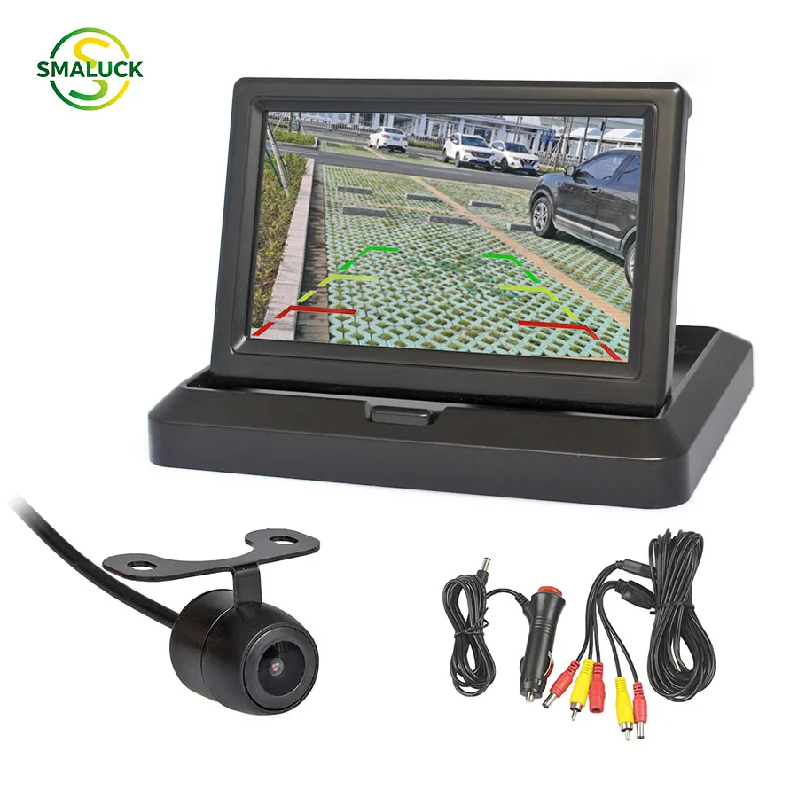 SMALUCK 5inch TFT LCD Foldable Rear View Monitor IP68 Waterproof Car Camera Parking Assistance System Kit for Vehicle