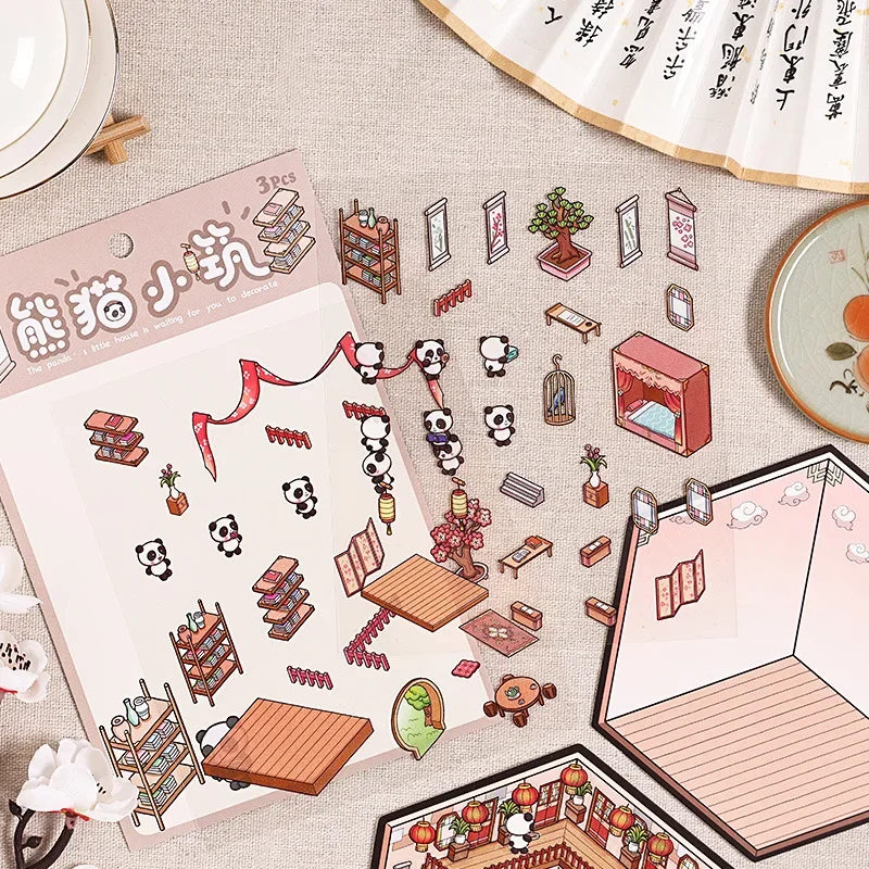 3D Cabin Scene Stacking Sticker Set, Ideal Decorative Gift for Kids, Child-Friendly DIY Panda Design Stickers