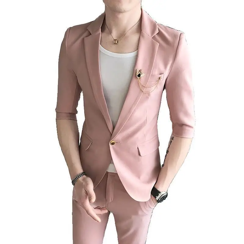 2-B8  Pink summer men\'s slim solid color small suit two-piece suit young hairdrthree-quarter sleeve suit nine-quarter pants