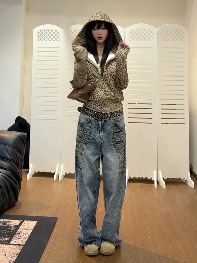 High Waist Wide Leg Jeans Women's Loose Fit Slimming Denim Pants Retro  Style Multi-Buckled Design Autumn New Street Style