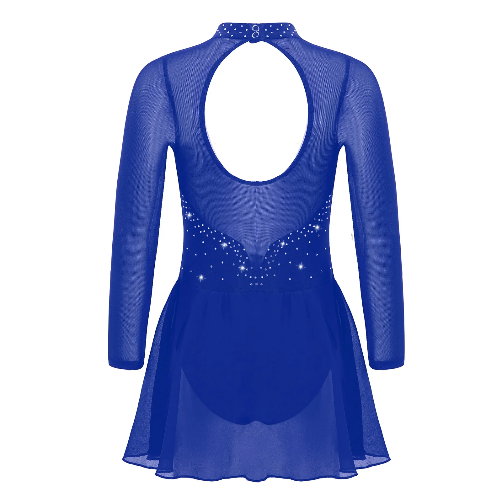 Kids Girls Shiny  Figure Ice Skating Roller Skating Dress Sheer Mesh Long Sleeves Keyhole Open Back Ballet Dance Leotard Dress