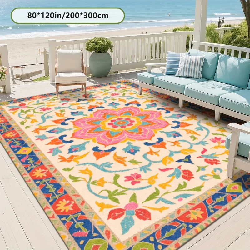 VIKAMA Colorful Floral Medallion Print Outdoor Area Rug Waterproof Non Slip Carpet for Patio Balcony Bohemian Home Decor Mat