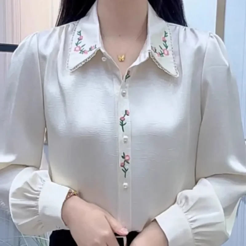 

Рубашка с вышитым кружевным воротником, топ, осенняя новая модная тонкая свободная универсальная нижняя рубашка с длинными рукавами