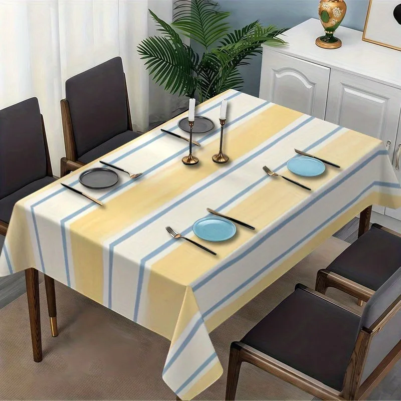 Single-sided printed, soft, fashionable and beautiful yellow, white and blue striped tablecloth, machine washable