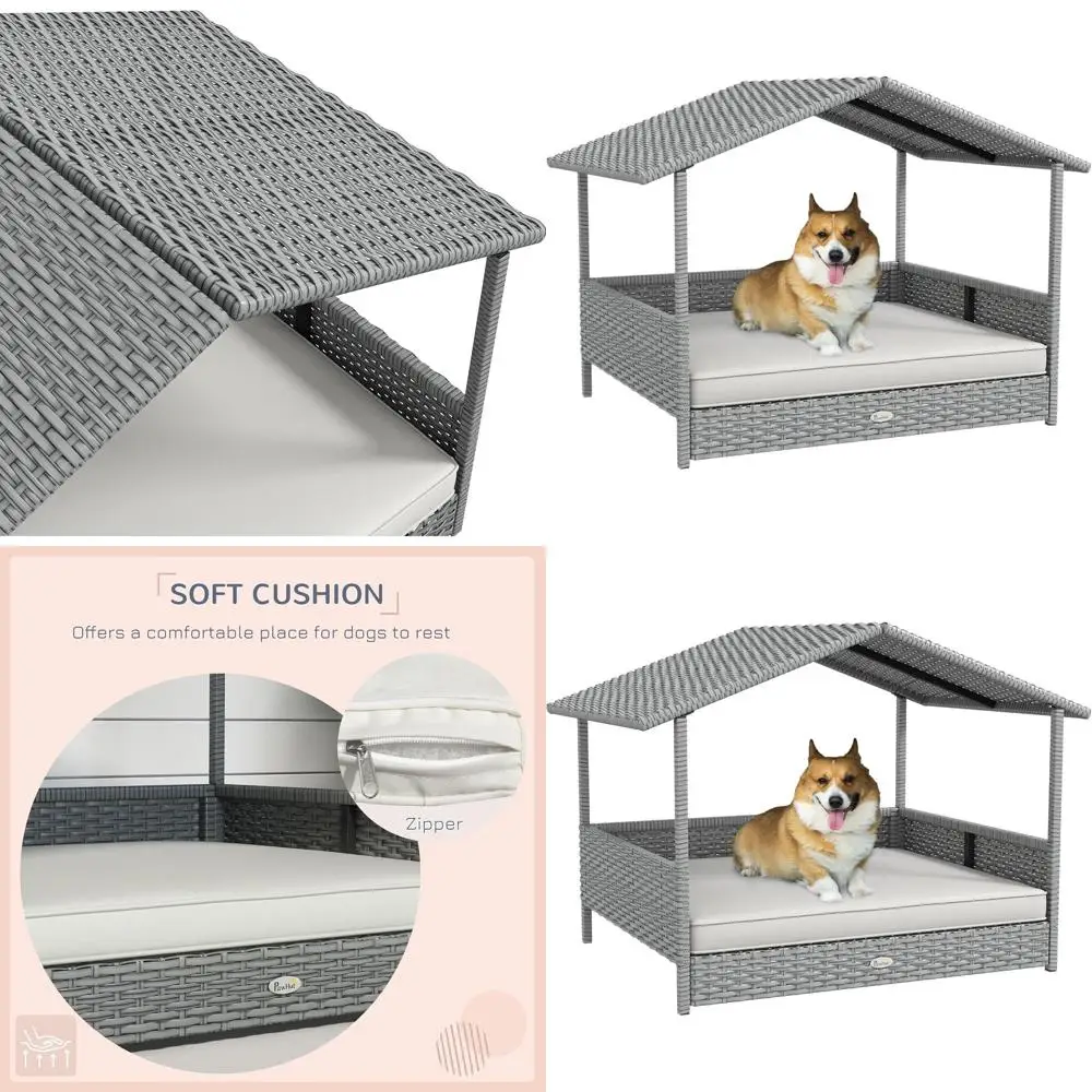 

Outdoor Wicker Dog House with Canopy, Rattan Bed, Water-Resistant Cushion for Small to Medium Dogs up to 66 lbs, 20 Length, Silv
