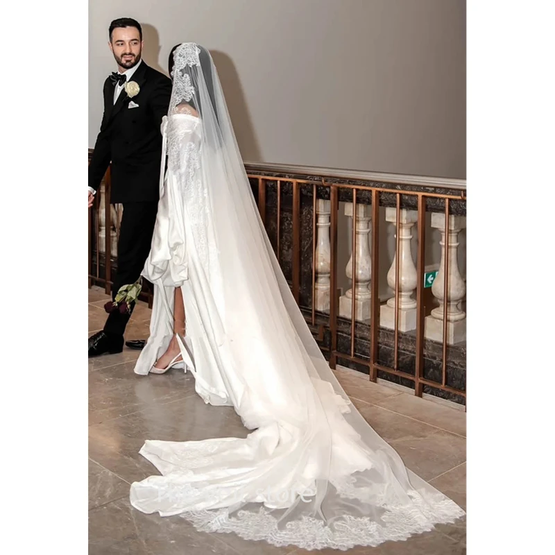 Marfim mantilla casamento véus de noiva catedral acessórios longos para noivas renda guarnição borda tule único vintage espanhol único