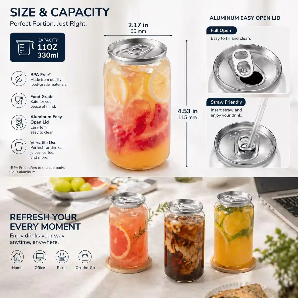 11 oz Disposable PET Can Cups with Sip Lids, 200 Pack Clear Can-Shaped Cups for Cold Drinks, Juice, Iced Coffee, Bubble Tea