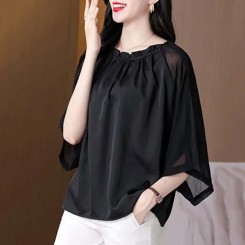 Elegant Ruffled Neck Solid Color Folds Batwing Sleeve Oversized Chiffon Shirt Summer Casual Tops Loose Commute Women's Blouse