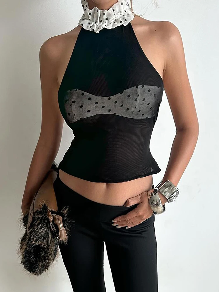 

Weird Puss Sexy Mesh Halter Tank Top Women Patchwork Polka Dots Lace-Up Chest Wrapped Backless Street Stretch Skinny Clubwear