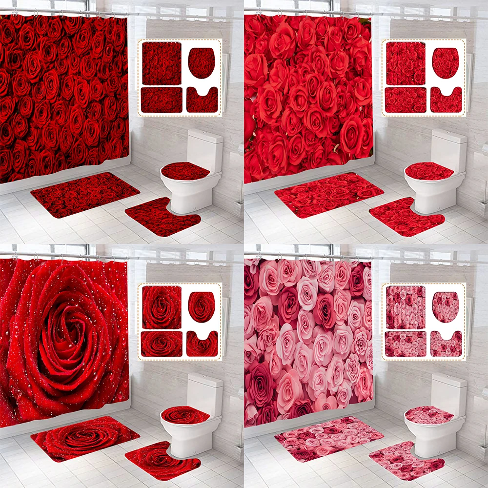 

Beautiful Rose Fabric Shower Curtain Red Flowers Bathroom Curtains Pedestal Rug Toilet Lid Cover Non-slip Carpet Bath Mats Rugs