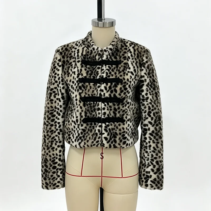 Damen Leoparden-Kunstpelz-Kurzjacke Vintage Stehkragen Knopf-Kurzmantel Langarm-Oberbekleidung 2026 Neue Street-Lady-Jacken – Detail 2