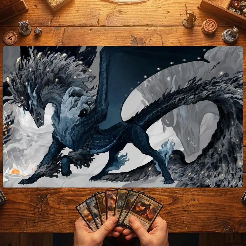 Misty Shadow Smoke Dragon TCG Playmat 35X60CM Magic Card Battle Mat Non‑Slip Durable Stitched Edge Large Tabletop Playmat