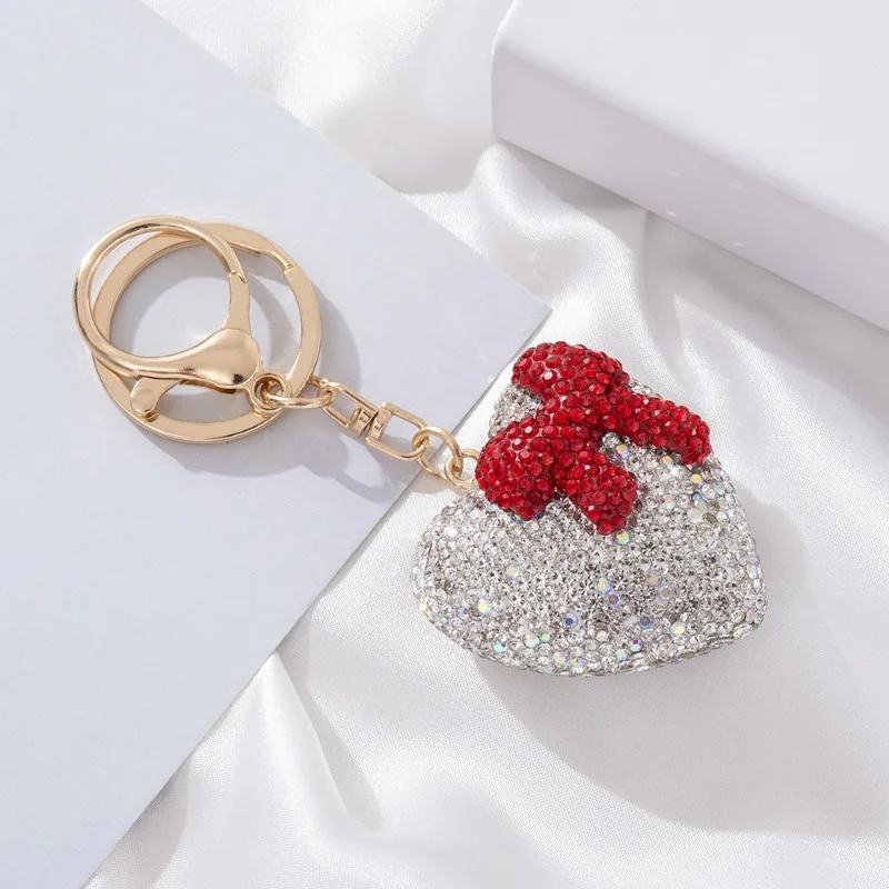 Diamond-encrusted multicoloured heart bow keychain Car keyring Full-diamond handbag charm Accessory pendant Removable keyring
