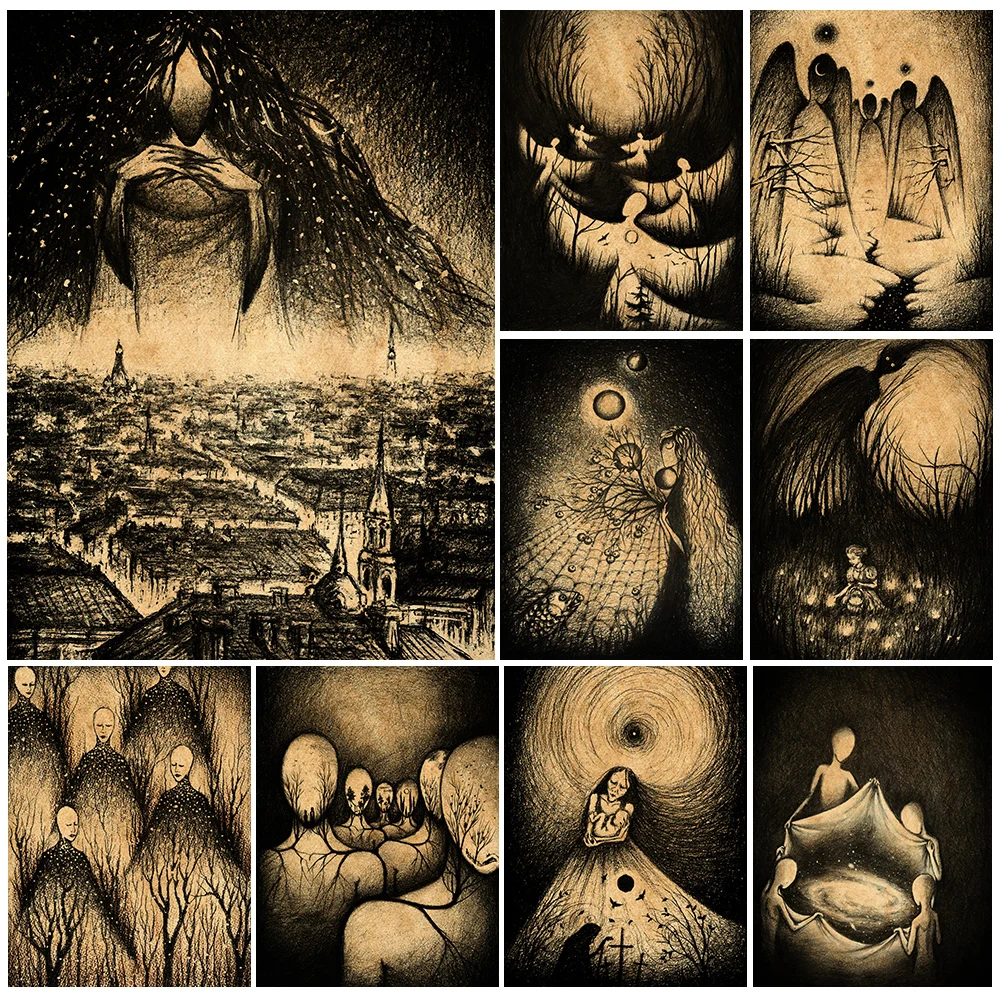 Forest Spirits And Deities Abstract Pencil Drawing Art Poster Print,Dark Witchcraft & Magic Aesthetic Wall Art Canvas Painting