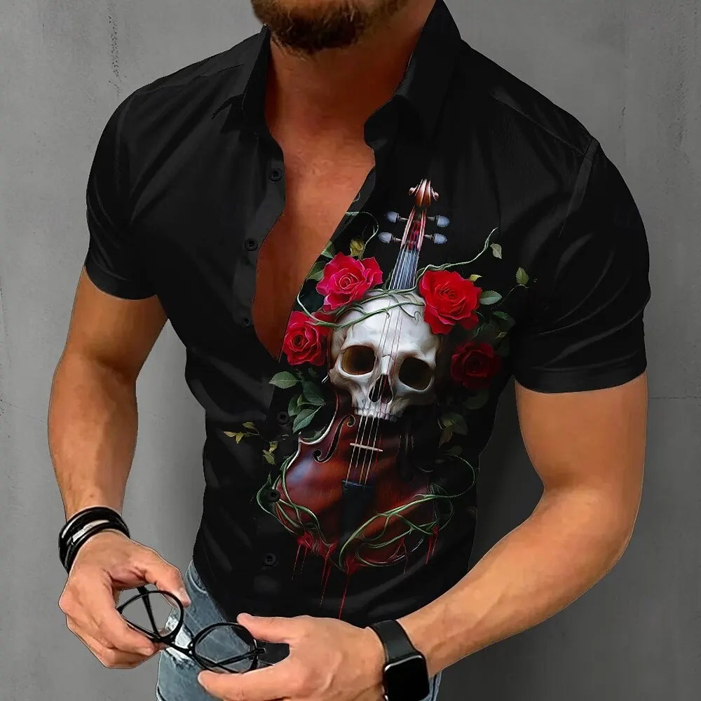 Men's Gothic Skull Shirt Short Sleeve Violin Rose Graphic Tops Black Button Down Punk Rock Summer Fashion Clothing New