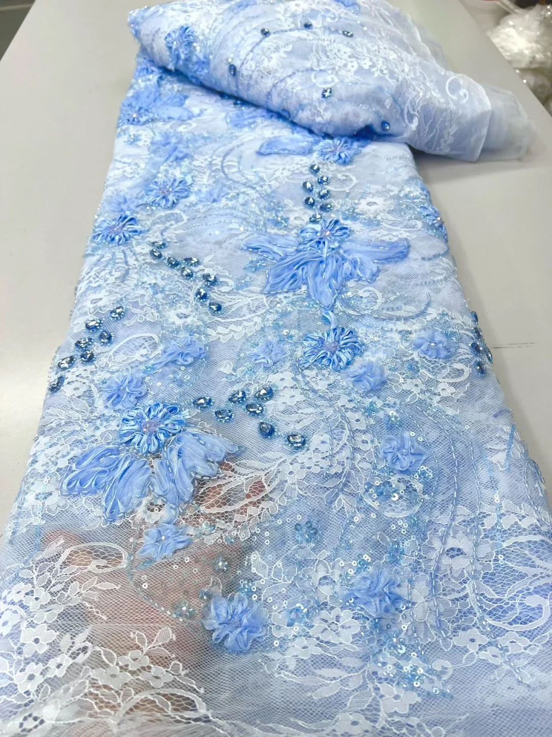 Blue 3D Floral Tubular Bead Lace Fabric Luxury Rhinestone Embroidered Sheer Tulle Mesh for Wedding Evening Prom Banquet Dress