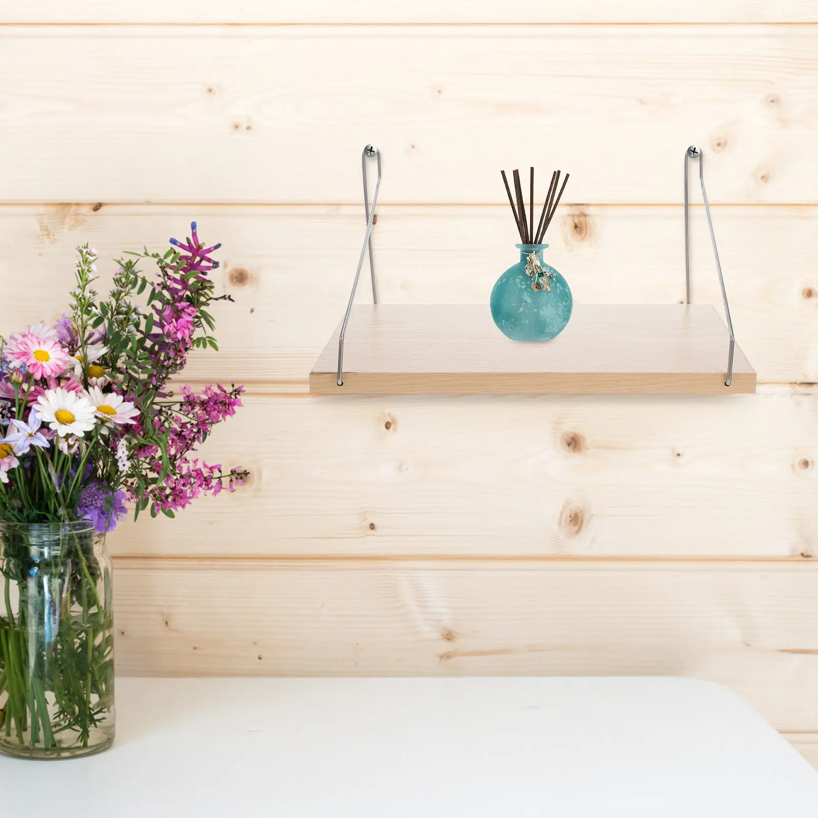 Wall Shelf for Room Minimalist Rustic Wood Stainless Steel Floating Bookshelf Wall Mounted Display Shelf for Living Room Bedroom