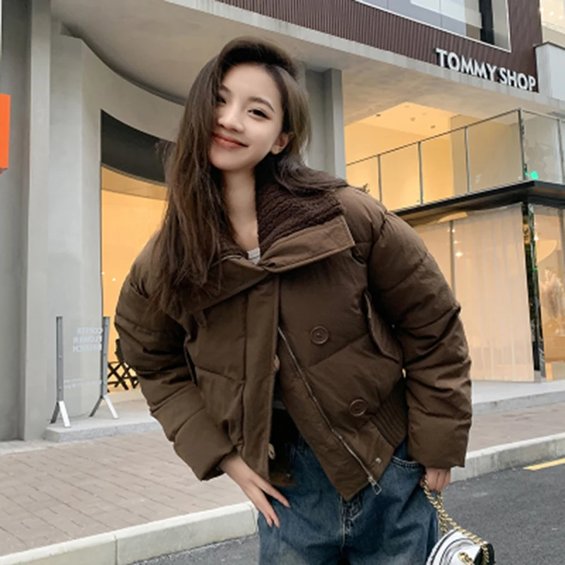 Winter New Wool Parkas Coat Women Korean Casual Fashion Elegant Slim Short Solid Puffy Coats Female Hooded Thick Warm Outerwear