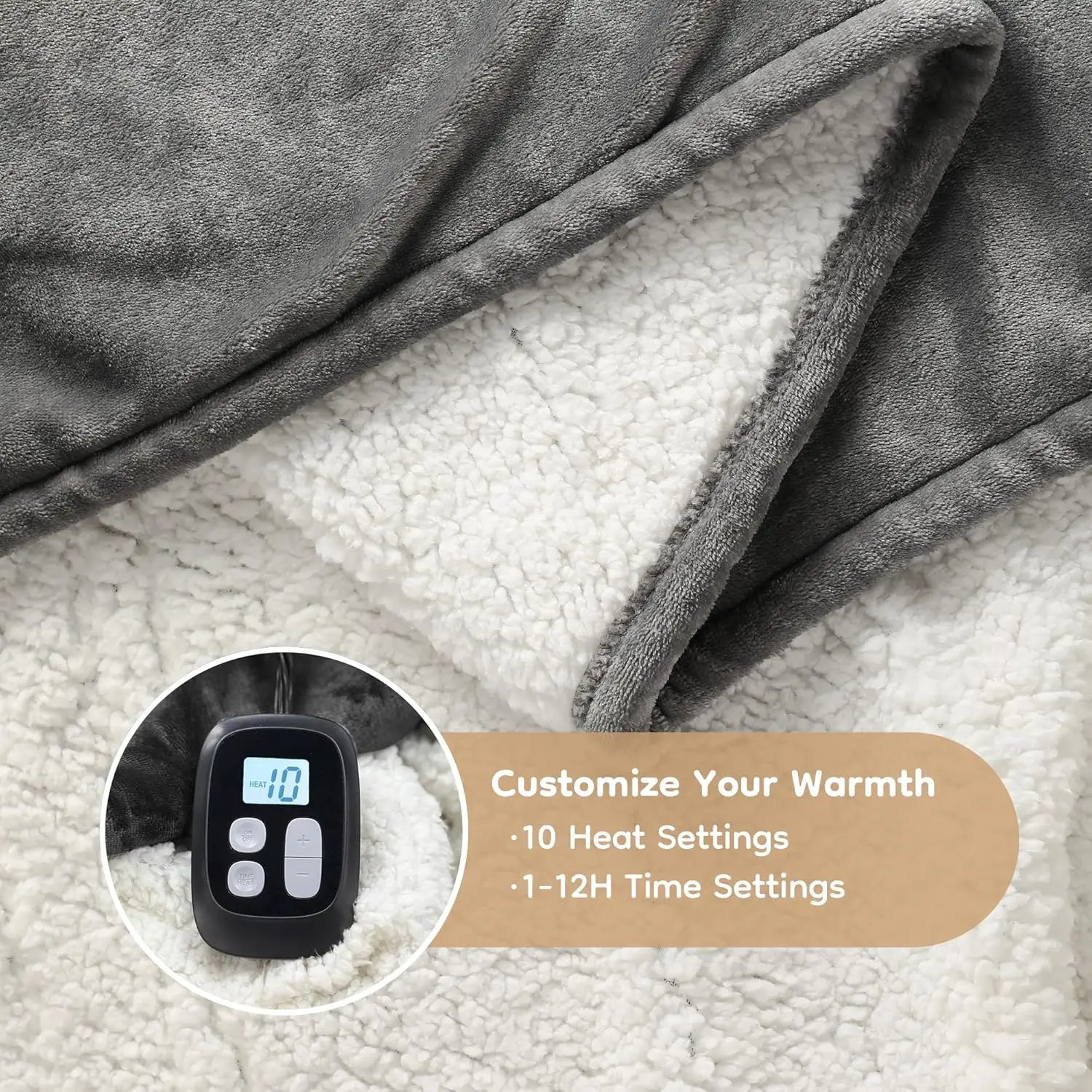 電気毛布 フルサイズ 72x84、ソフトフランネル、10段階の温度調節と自動オフ機能付き、通気性があり洗濯可能、ライトグレー