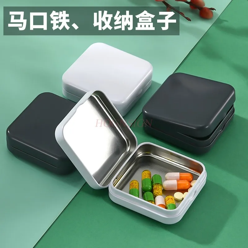 Square tin box, metal packaging box, connected flip storage box, medicine box, portable