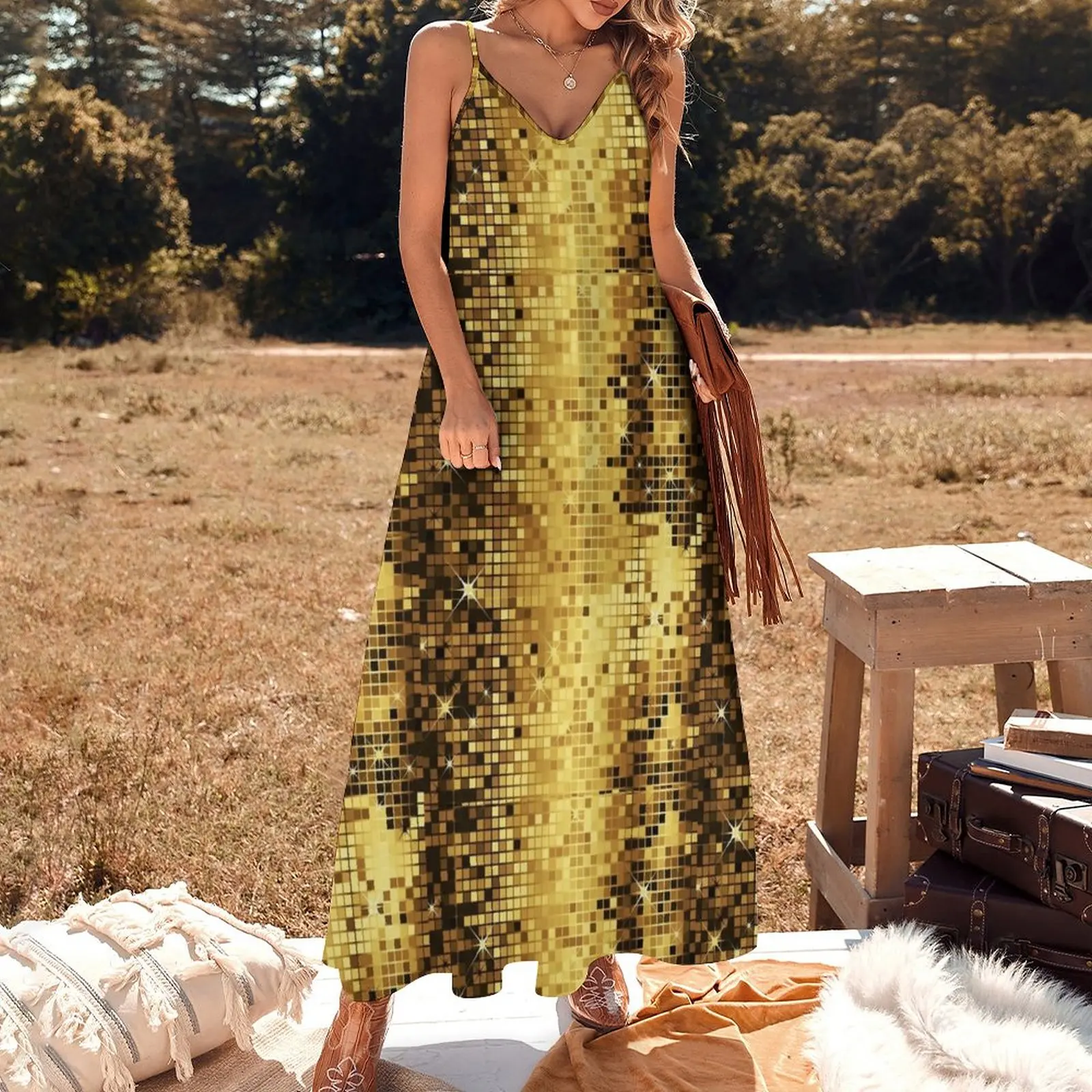 Image of Gold Yellow Tones Retro Glitter Disco-Ball Mirrors Pattern Sleeveless Dress clothes for women wedding guest dress 2023