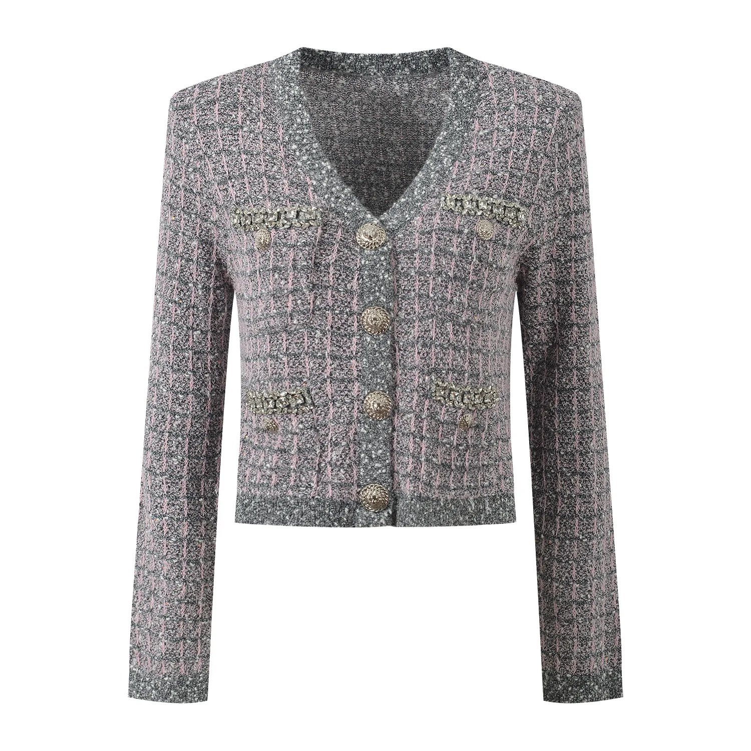 2025年春新作 スレ スモール フランス風 ダイヤモンド装飾 ライオンヘッド ブルー エレ 多用途 Vネック トップコート レディース