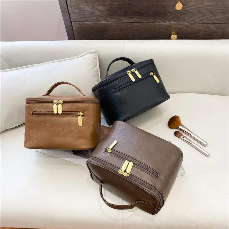 High Quality PU Leather Women Makeup Bags Vintage Simple Solid Color Zippers Cosmetic Bag Portable Travel Fashion Toiletry Bag