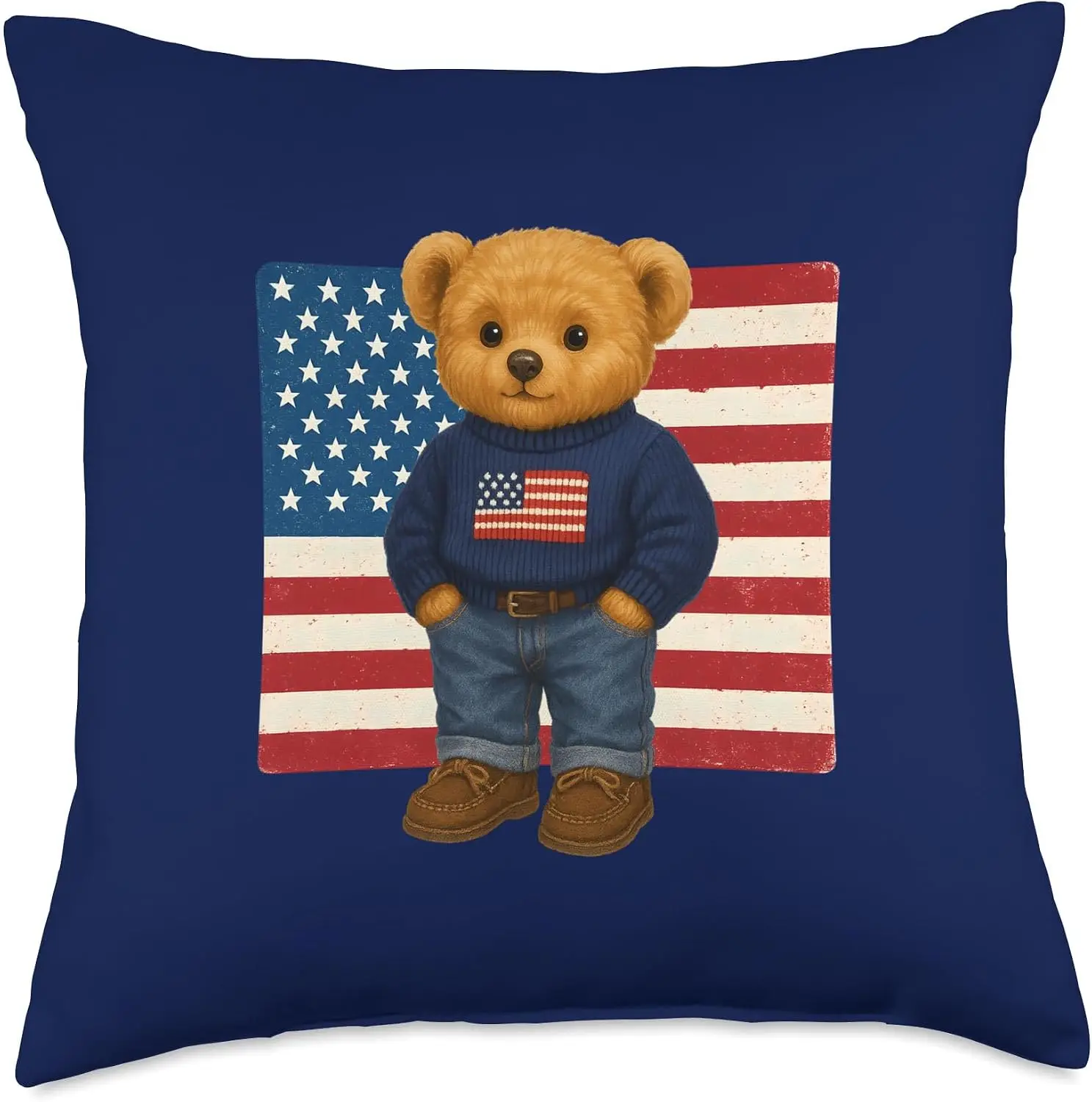 USA American Flag Throw Pillow Cover Teddy Bear Patriotic Decor Accent Cushion Home Gift Living Room Decor Cozy Decoration