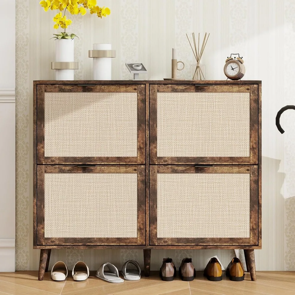 

Shoe Cabinet Storage for Entryway, Rattan Shoe Storage Cabinet with 4 Flip Drawer, Boho Shoe Rack with Pine Legs, Narrow Hidden