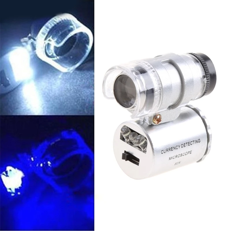 Mini 60X Magnifier Microscope UV Jeweler Loupe currency Detector with LED Light.