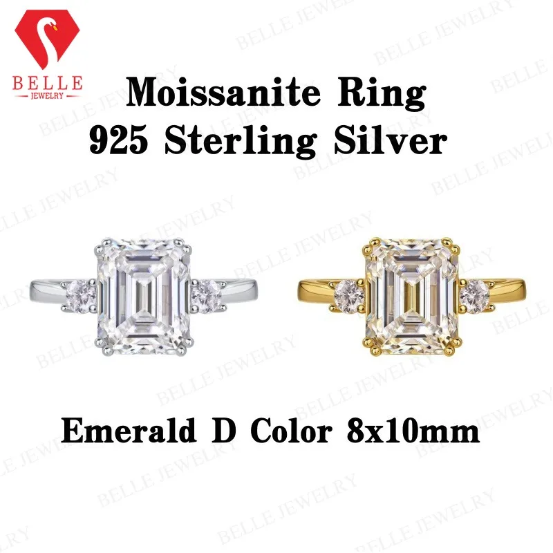 

Кольцо из серебра 925 пробы с муассанитом, сертификат GRA, изумрудная огранка 8x10 мм, цвет D, дизайнерское ювелирное украшение для женщин