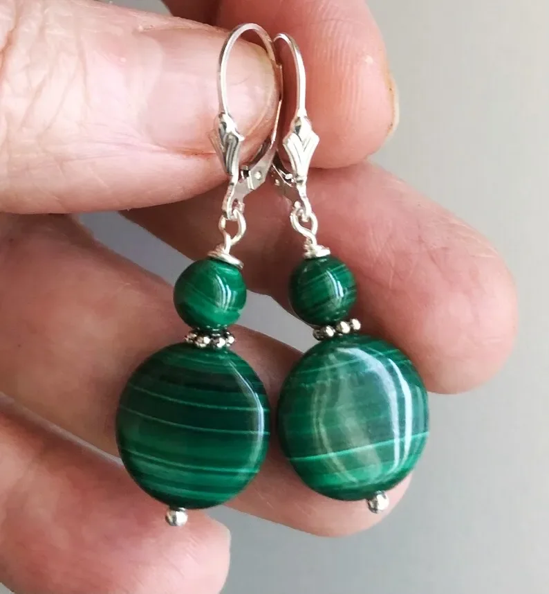 Malachite earrings, greenstone lever back coin earrings, real malachite beaded Bohemian jewelry, handmade jewelry