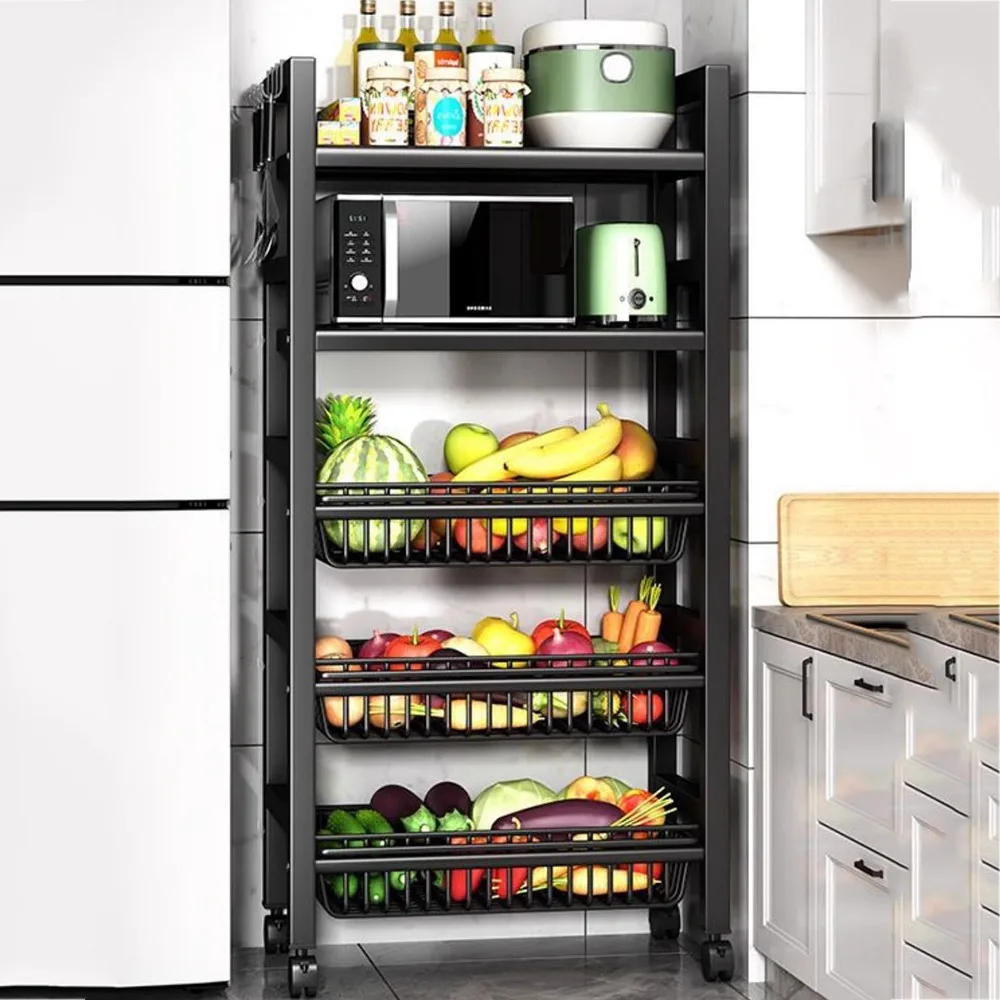 Multi-Layer Kitchen Storage Basket Floor Rack Microwave Shelf Cart Movable Pot Rack Room Trolley Storage Basket Kitchen Trolley