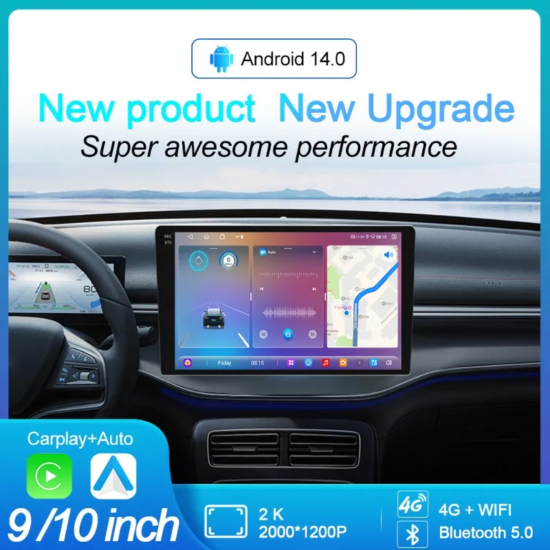 

MeiHua 9/10 дюймов 2000*1200 Универсальный Android 14 Автомобильный радиоприемник 64G Автомобильный мультимедийный видеоплеер Универсальный стерео радио GPS