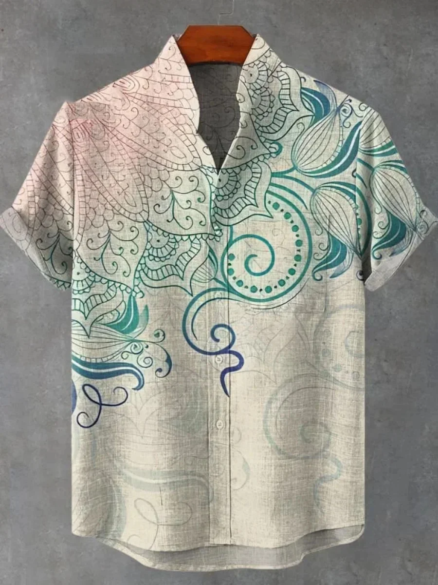 2025 Men's mandala flower pattern short sleeve shirt Summer vintage new linen shirt men's short sleeve leisure holiday streetwea