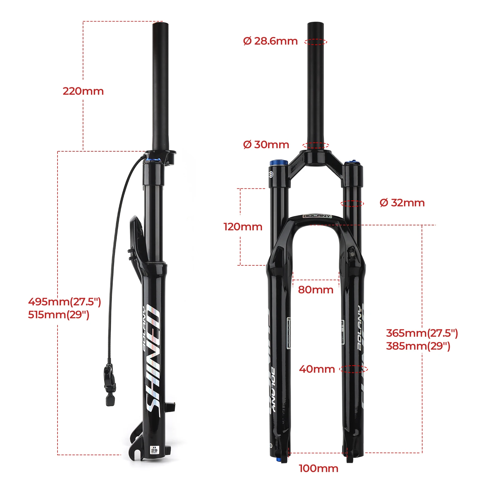 BOLANY Bicycle Air Fork 26/27.5/29 Inch Ultralight Straight Tube Suspension Fork Rebound Adjustable 9x100mm Quick Release MTB