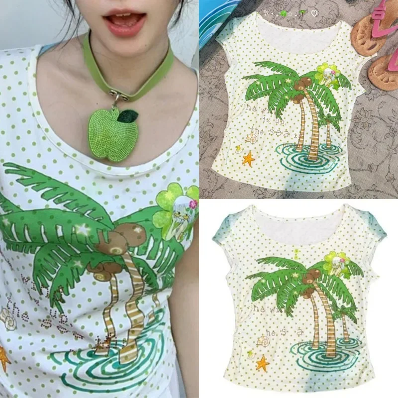 

Y2K Aesthetic Coconut Tree Tops & Tees Graphic T-shirt Women Summer Japan Vintage Print Short Sleeve Streetwear 2000s Tee New