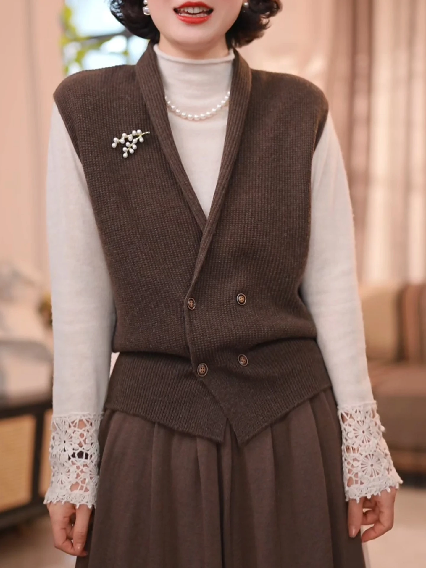 f-Cuello alto Base lavorata a maglia in puro colore irt Stratificazione Casual Versatile Dimagrante Autunno Inverno Gilet retrò per donna