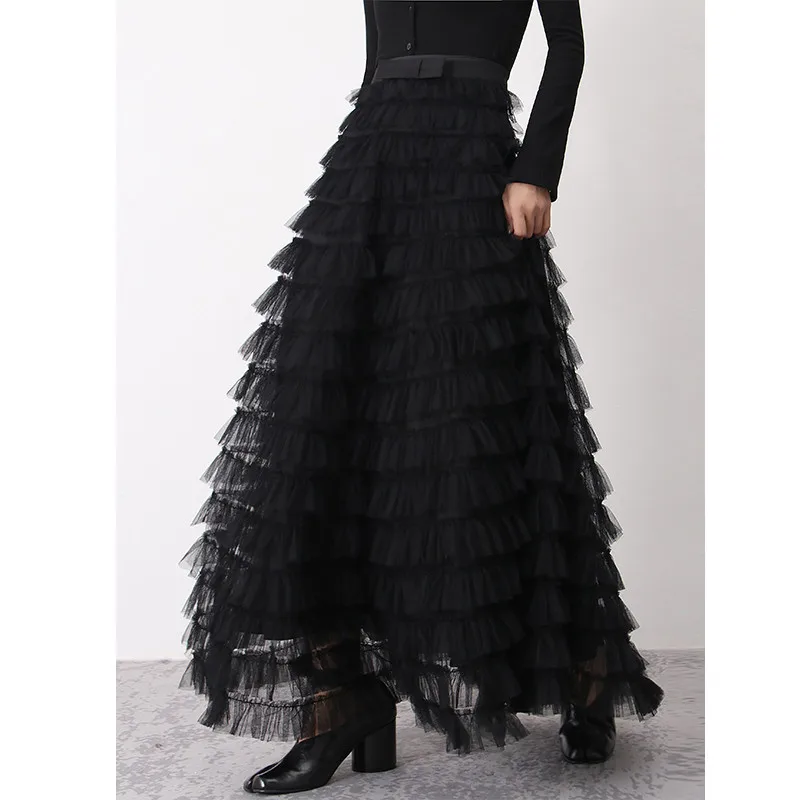 

Women's Runway Fashion Spring Summer Designer Black Mesh Skirt Female Autumn Winter High Waist A-line Skirt TB2691