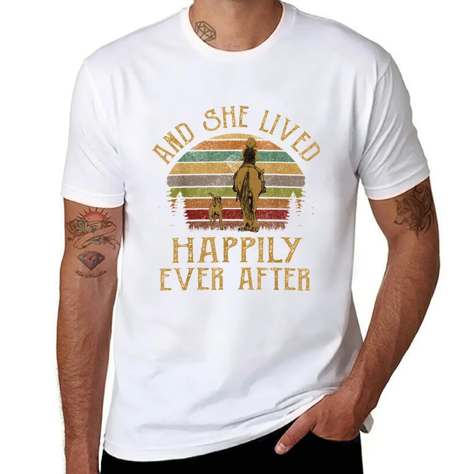 

Vintage And She Lived Happily Ever After Horse Dogs T-Shirt t shirts with prints t shirt man cotton T-Shirt