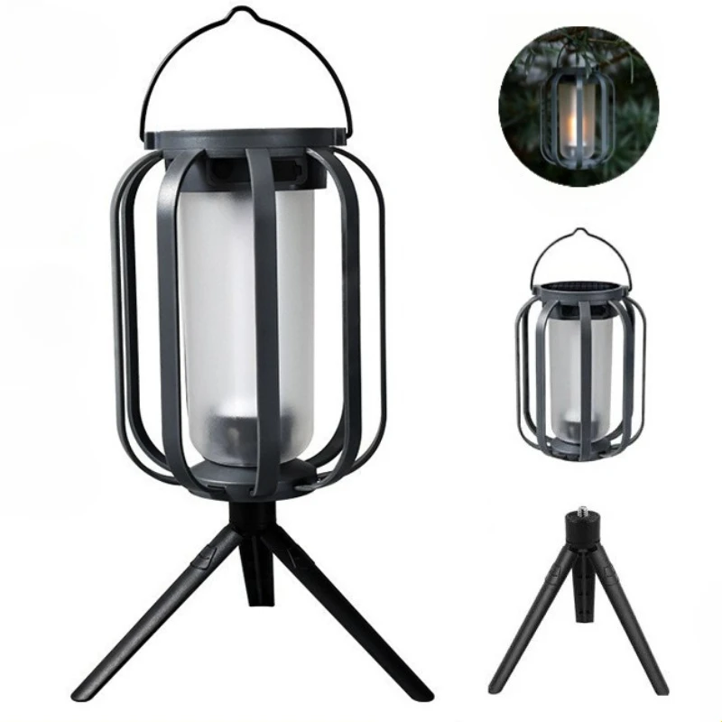 Solar Lantern Tripod Hanging Flickering Flame USB Rechargeable Waterproof Portable Outdoor Camping Lamp for Garden Patio Yard